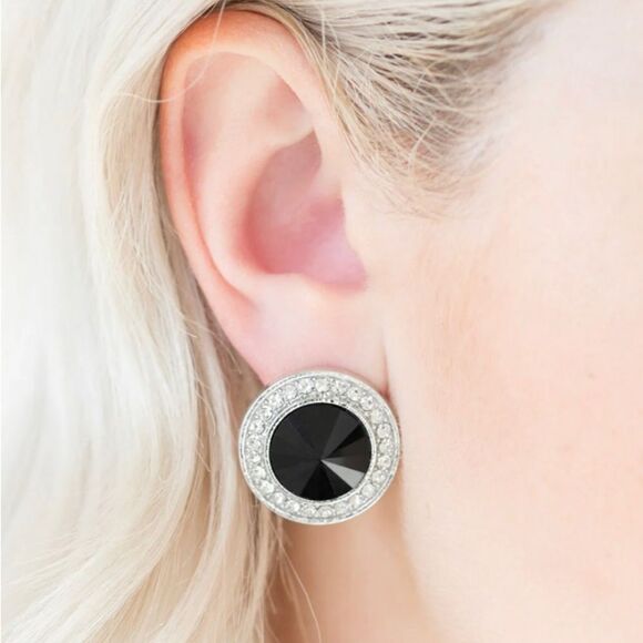 Black Onyx & Rhinestone Halo Stud Earrings Silver  Tone Costume Jewelry OSFM - Picture 4 of 4
